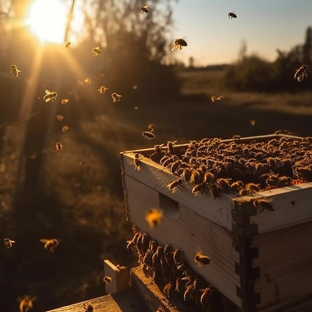 Bijen vliegen in de zonsondergang