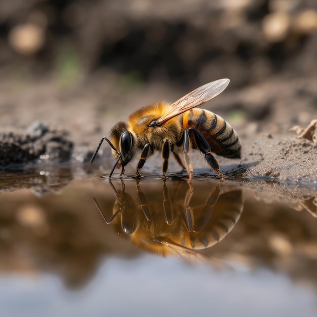 Bijenfotografie Een bij drinkt water uit een plas generatieve ai