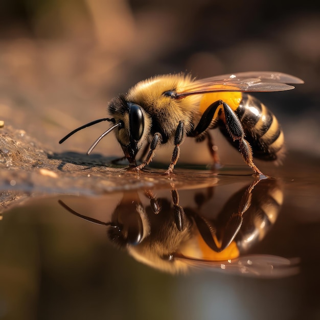Bijenfotografie Een bij drinkt water uit een plas generatieve ai