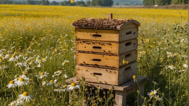 Bijenkorf in een daisy veld onder een heldere blauwe hemel