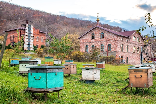 Bijenstal met bijenkorven van het sint-serafijnklooster