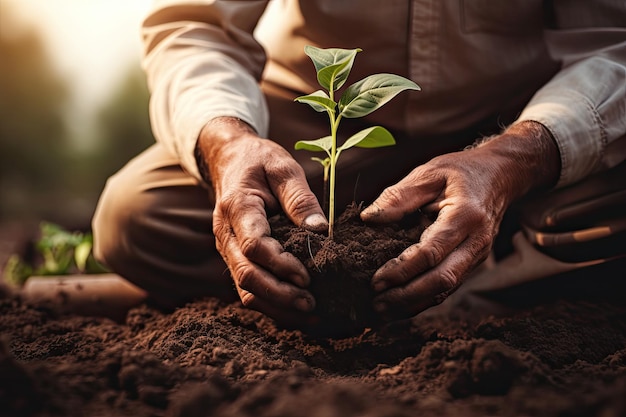 Bijgesneden afbeelding van senior Afro-Amerikaanse man die een boom plant in de vruchtbare grond Boerenhanden planten zaden in de bodem Tuin- en landbouwconcept AI gegenereerd