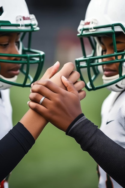 Foto bijgesneden afbeelding van twee jonge atleten die helmen dragen en handen schudden, gemaakt met generatieve ai