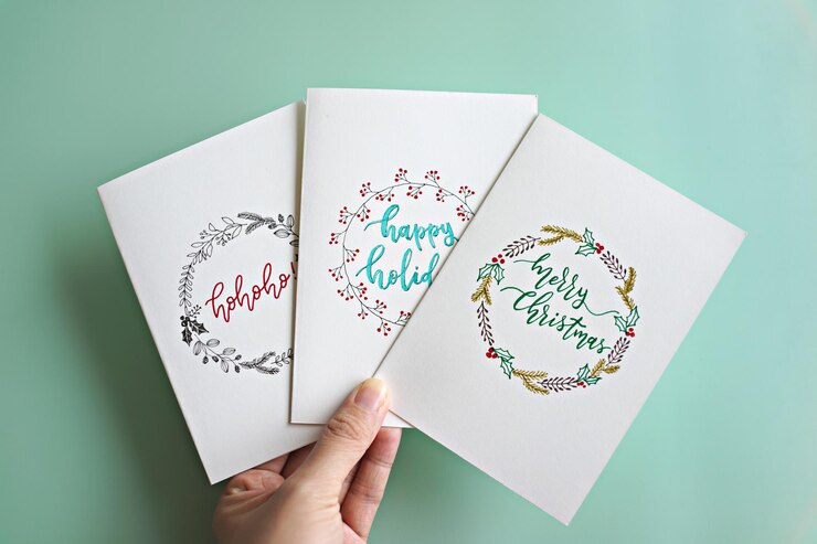 Foto bijgesneden hand die wenskaarten vasthoudt met tekst op een turquoise achtergrond