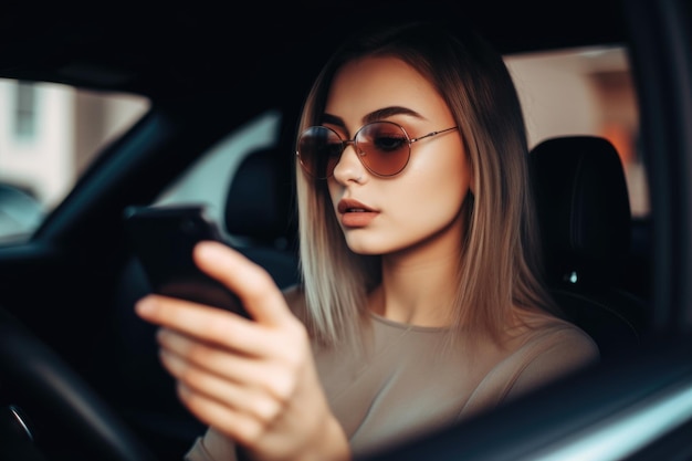 Bijgesneden opname van een aantrekkelijke jonge vrouw die een sms stuurt tijdens het rijden, gemaakt met generatieve AI