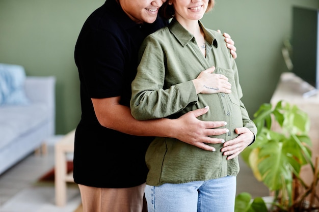 Bijgesneden opname van een gelukkig lesbisch koppel dat een baby verwacht en liefdevol omhelst met de handen op de zwangere vrouw