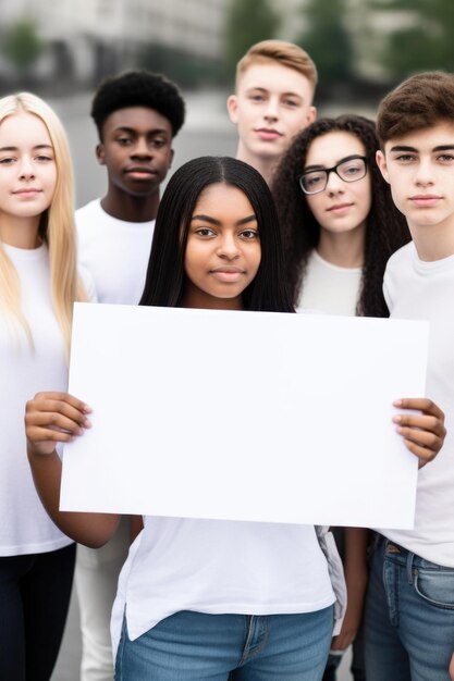 Foto bijgesneden opname van een groep tieners die een blanco bordje omhoog houden