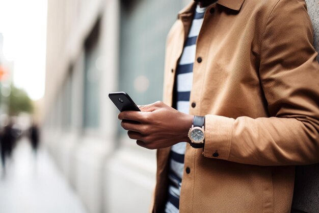 Bijgesneden opname van een jonge man die zijn mobiele telefoon gebruikt, gemaakt met generatieve AI