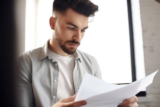 Bijgesneden opname van een jonge mannelijke ontwerper die wat papierwerk leest dat is gemaakt met generatieve AI