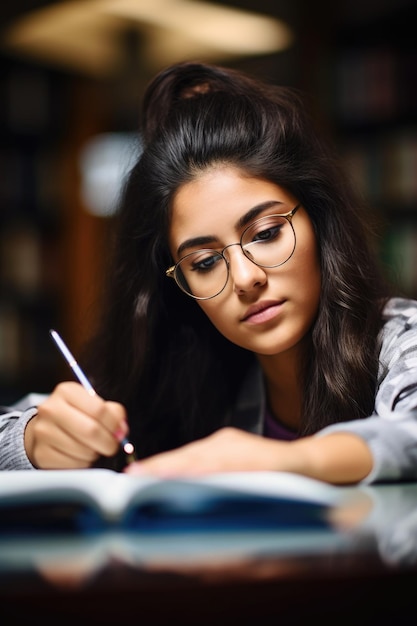 Bijgesneden opname van een jonge vrouw die studeert in de bibliotheek gemaakt met generatieve AI