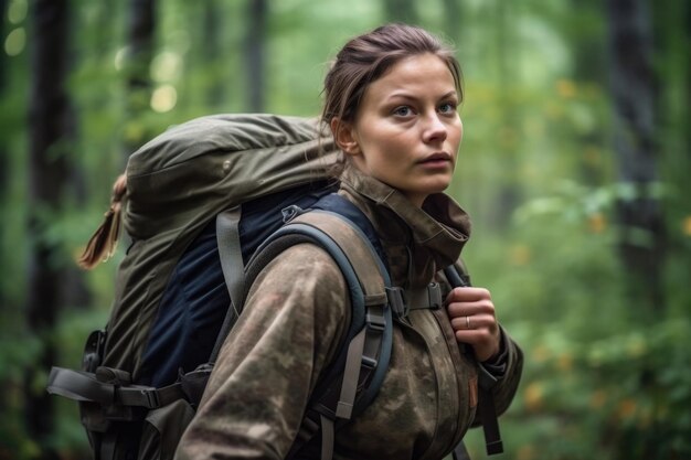 Bijgesneden opname van een jonge vrouwelijke ranger die door het bos loopt