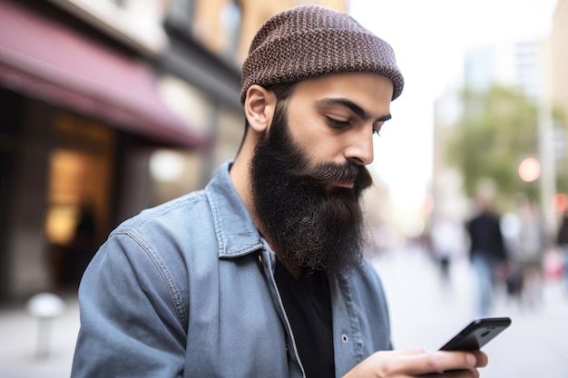 Bijgesneden opname van een man die sms't met zijn mobiele telefoon in de stad, gemaakt met generatieve AI