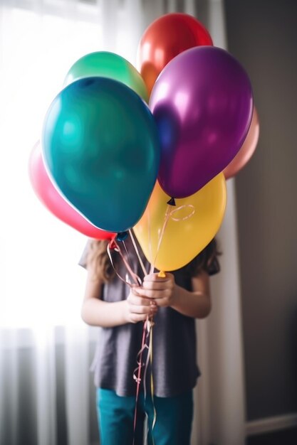 Bijgesneden opname van een onherkenbaar meisje dat thuis een bos ballonnen vasthoudt