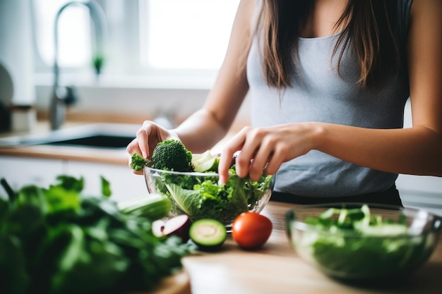 Bijgesneden opname van een onherkenbare jonge vrouw die een frisse salade hakt die is gemaakt met generatieve AI