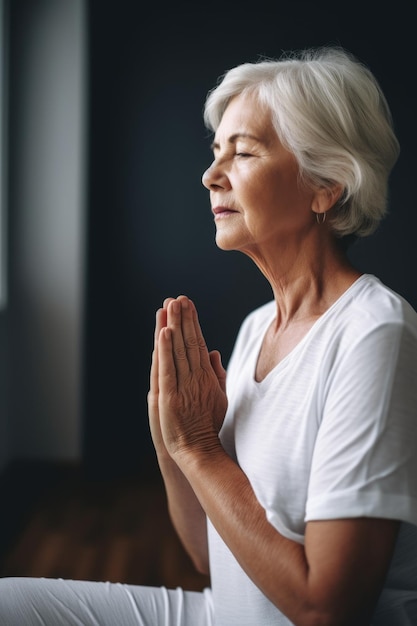 Bijgesneden opname van een oudere vrouw die binnenshuis yoga doet, gemaakt met generatieve AI