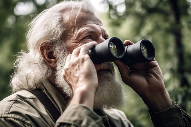 Bijgesneden opname van een volwassen man die door een verrekijker kijkt