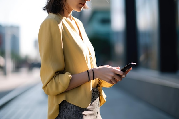 Bijgesneden opname van een vrouw die haar mobiele telefoon gebruikt terwijl ze buiten staat, gemaakt met generatieve AI