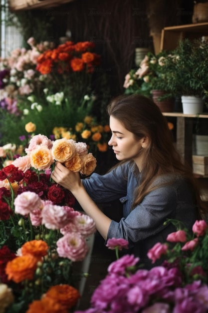 Bijgesneden opname van een vrouwelijke bloemist die naar bloemen kijkt in haar kwekerij gemaakt met generatieve AI