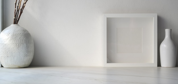 Bijgesneden opname van minimale werkruimte met mock up frame en keramische vazen decoratie op witte houten tafel met kopie ruimte