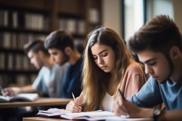 Bijgesneden opname van universiteitsstudenten die in de bibliotheek studeren, gemaakt met generatieve AI