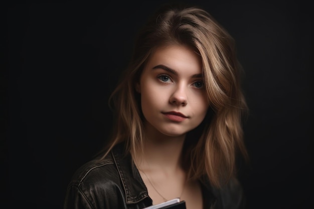 Bijgesneden portret van een aantrekkelijke jonge vrouw met een boek gemaakt met generatieve AI