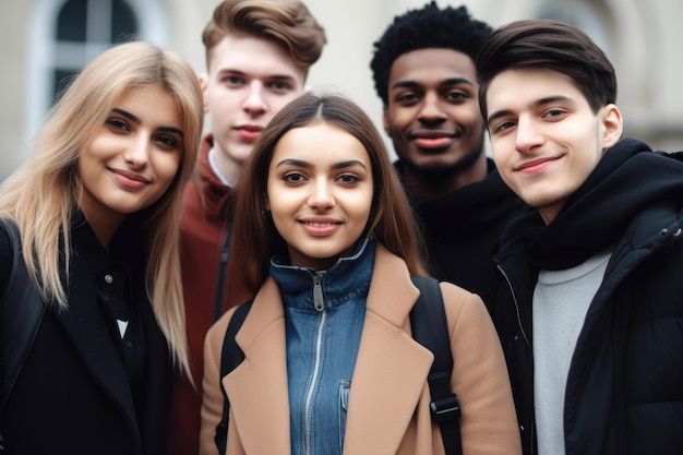 Bijgesneden portret van een groep universiteitsstudenten die samen staan, gemaakt met generatieve AI