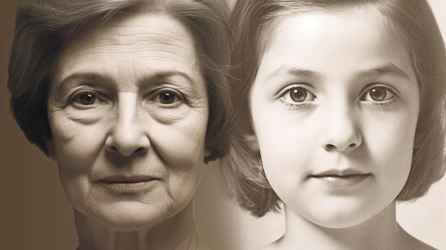Bijgesneden samengestelde afbeelding van een dame op twee leeftijden Generatieve AI