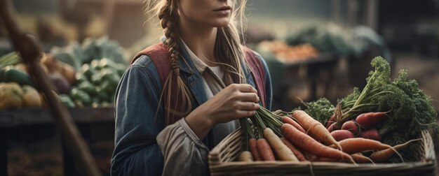 Bijgesneden schot van vrouw met rieten mand met verse groenten op farmgeneratieve ai