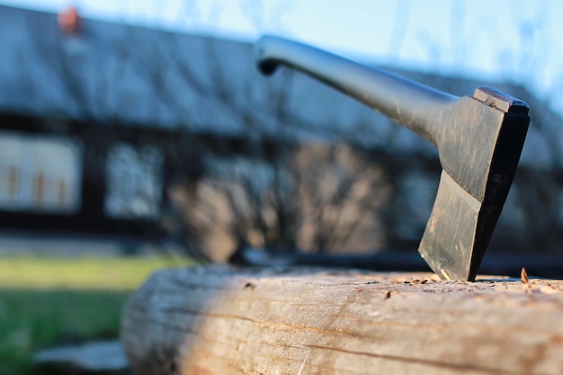 Bijl in hout buiten