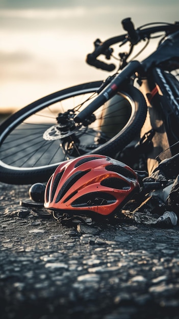 교통사고 후 자전거와 헬멧이 파손된 자전거 사고 Generative AI
