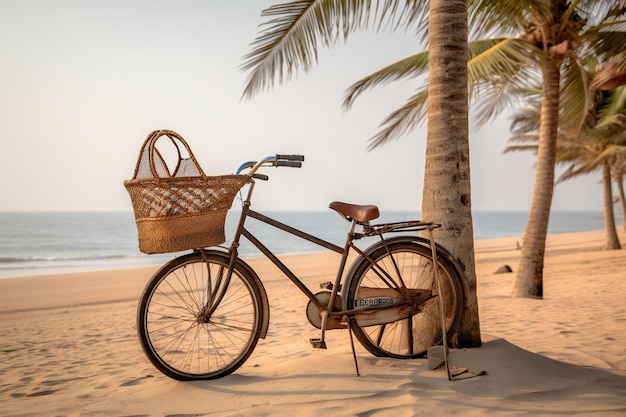 A bike on the beach with a basket on it