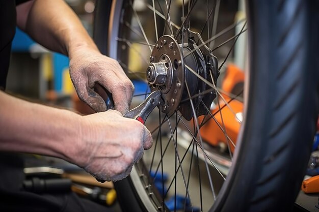 Foto processo di ispezione e riparazione dei freni delle biciclette in officina