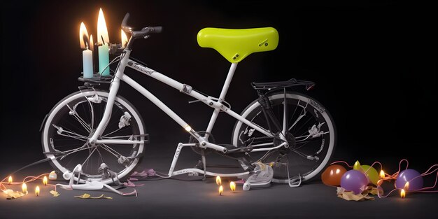 Bike design Birthday cake with candles on it celebration decorative lights with copy space