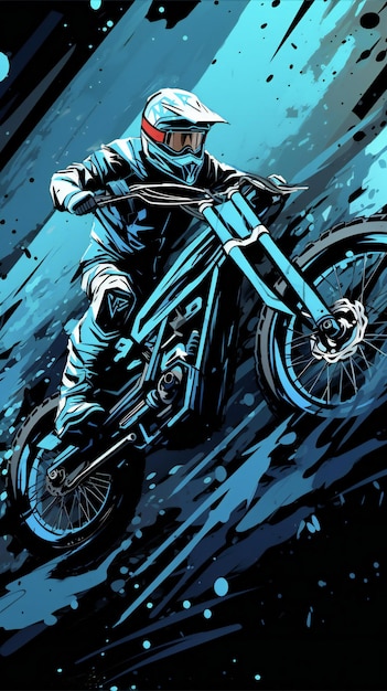 the bike design graphic is painted with blue and gray colors