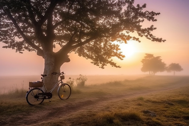 A bike on a dirt road with a tree in the background