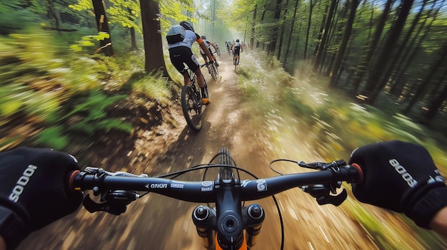 Foto guida in bicicletta con i rivali gara dinamica giù per la montagna