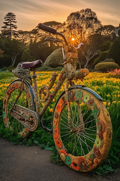 A bike in a field of flowers with the sun setting behind it