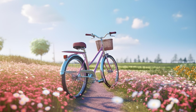 a bike in a field of flowers