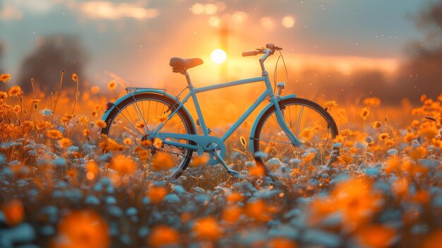 a bike in a field with the sun behind it