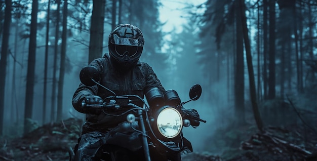 bike in the forest man in a motorcycle adventure motorcycle rider with punisher helmet