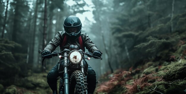 bike in the forest man in a motorcycle adventure motorcycle rider with punisher helmet