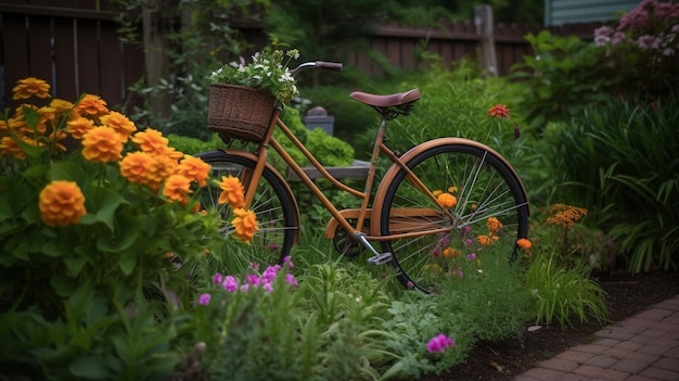 オレンジ色の花が咲く庭の自転車