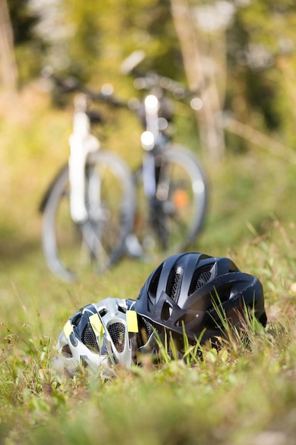 Bike helmets in the grass bike tour