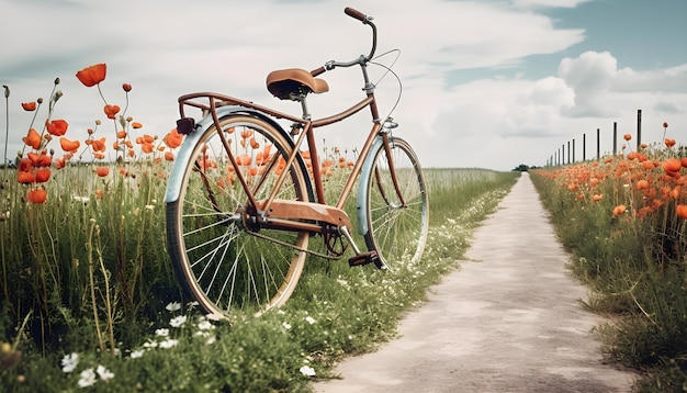 花畑に自転車が停まっている