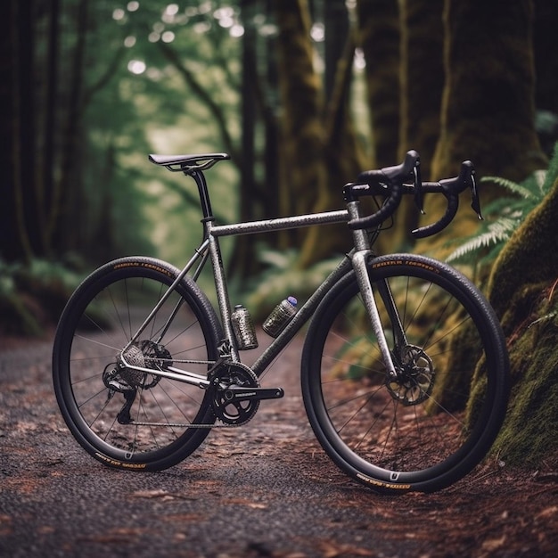 a bike is parked in a forest with the words " the bike " on the side.