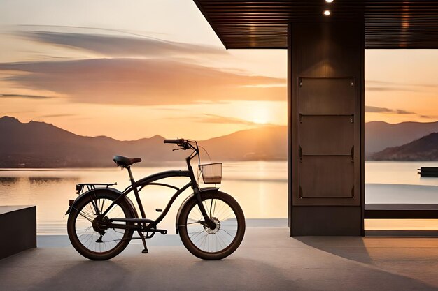 A bike is parked in front of a lake with a sunset in the background.