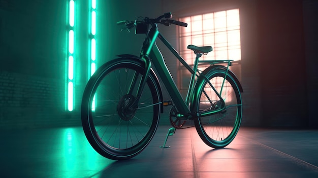 A bike is parked in front of a window with the lights on.