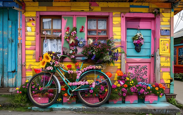 a bike is parked outside of a colorful building with flowers on the front