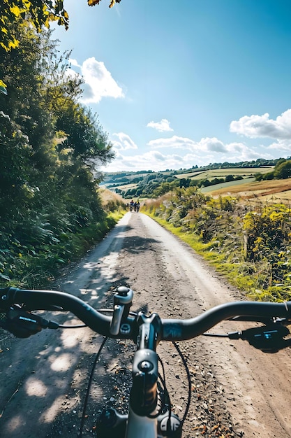 a bike is parked on the side of a dirt road