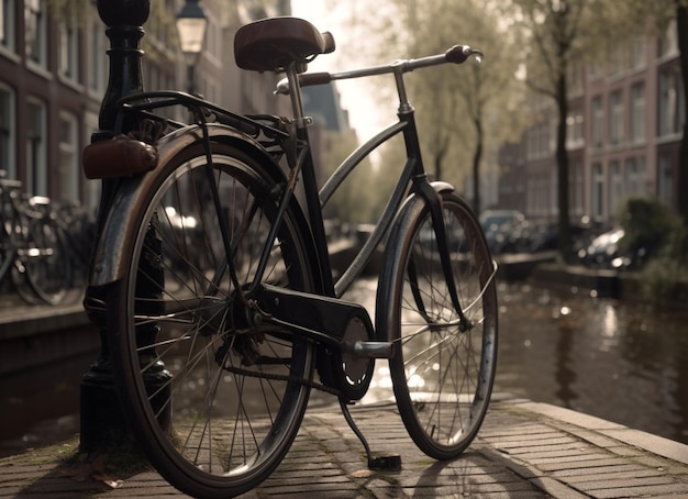 A bike is parked on a sidewalk in amsterdam.